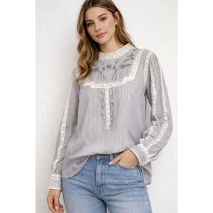 RARE ZARA Boho Embroidered Lace Blouse Women L Gray Striped Silk Blend Romantic